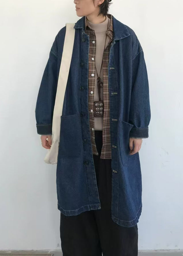 Vintage Blue Button Pockets Denim Men Coat Spring