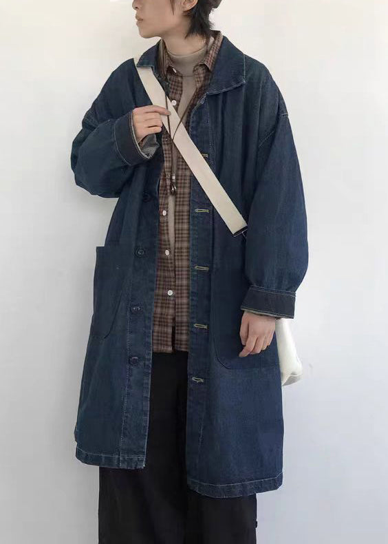 Vintage Blue Button Pockets Denim Men Coat Spring