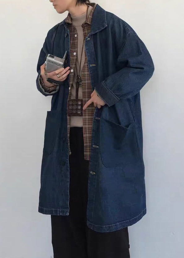 Vintage Blue Button Pockets Denim Men Coat Spring
