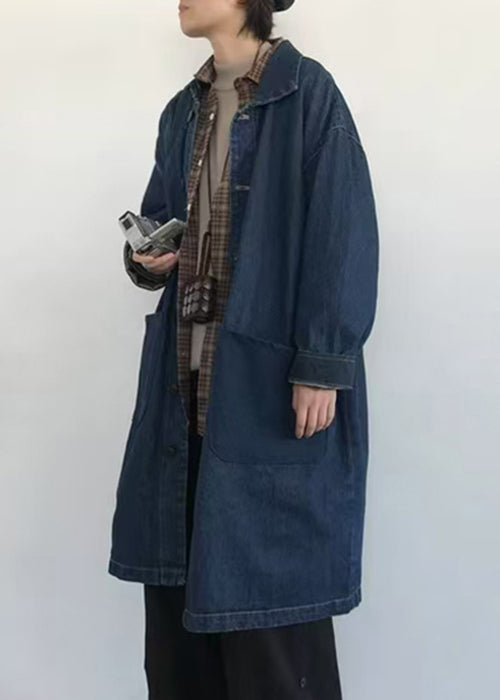 Vintage Blue Button Pockets Denim Men Coat Spring