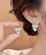 Vintage Blue Copper Alloy Enamel Butterfly Pearl Stud Earrings