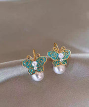 Vintage Blue Copper Alloy Enamel Butterfly Pearl Stud Earrings