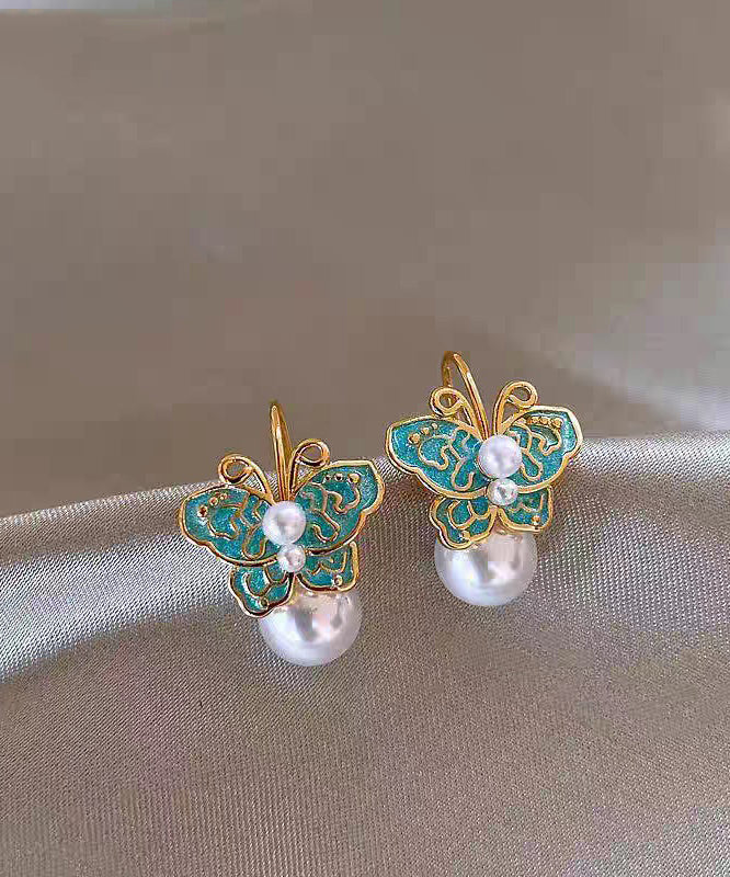 Vintage Blue Copper Alloy Enamel Butterfly Pearl Stud Earrings