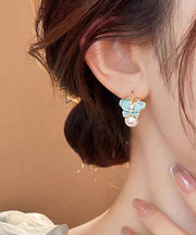 Vintage Blue Copper Alloy Enamel Butterfly Pearl Stud Earrings