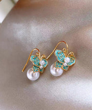 Vintage Blue Copper Alloy Enamel Butterfly Pearl Stud Earrings