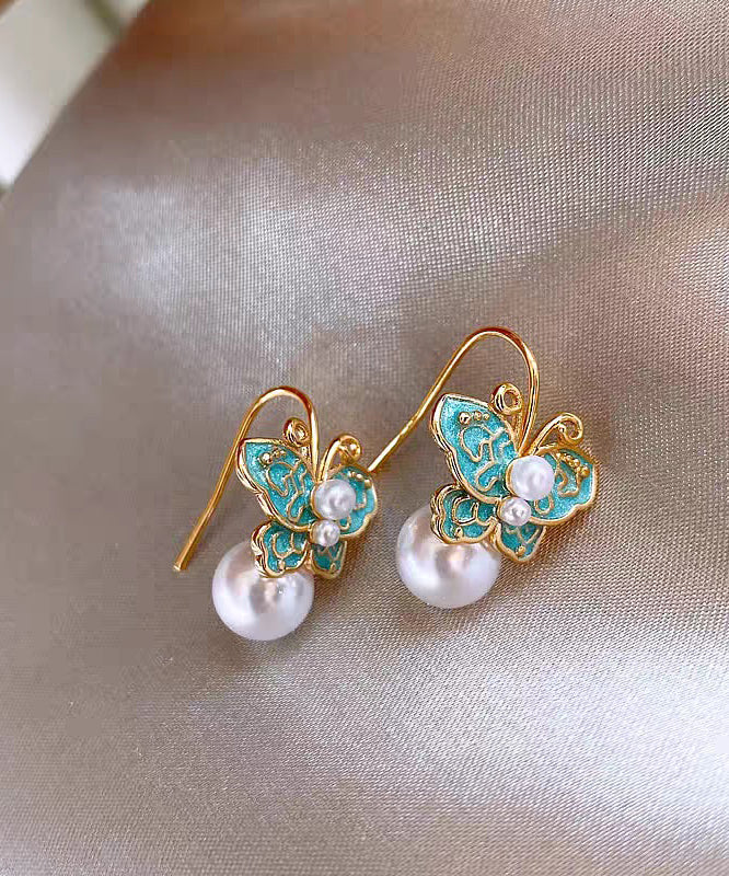 Vintage Blue Copper Alloy Enamel Butterfly Pearl Stud Earrings