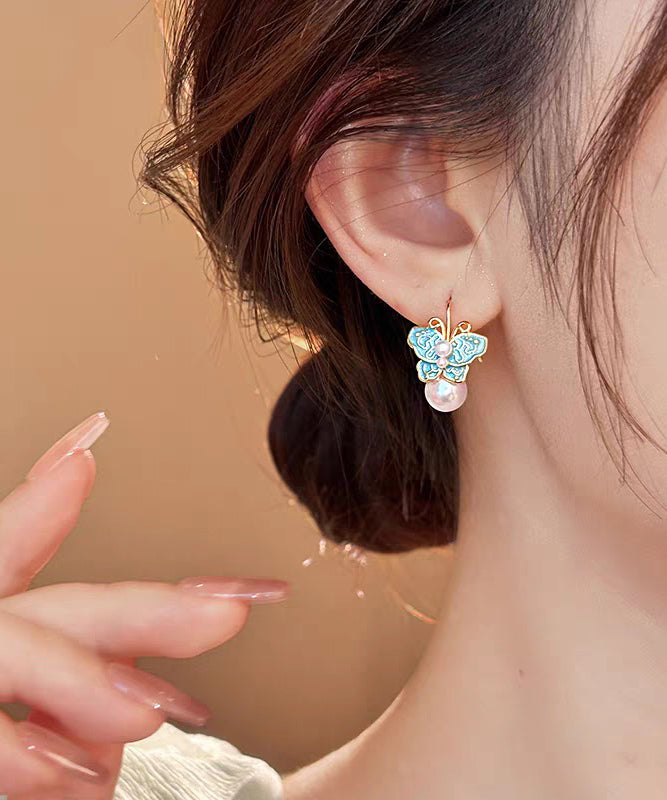 Vintage Blue Copper Alloy Enamel Butterfly Pearl Stud Earrings