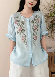 Vintage Blue Embroidered Linen Top Summer