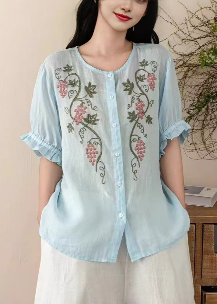 Vintage Blue Embroidered Linen Top Summer