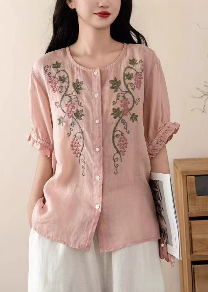 Vintage Blue Embroidered Linen Top Summer