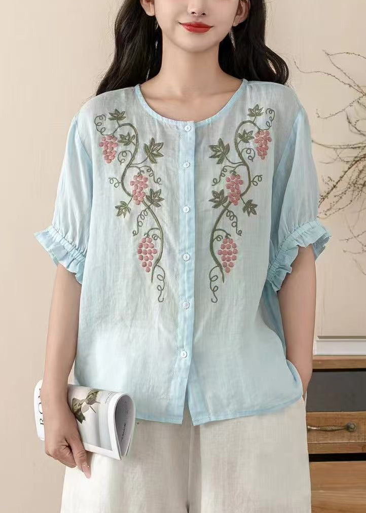 Vintage Blue Embroidered Linen Top Summer