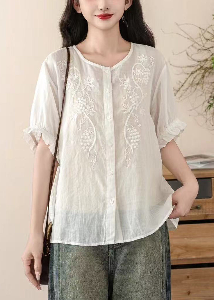 Vintage Blue Embroidered Linen Top Summer