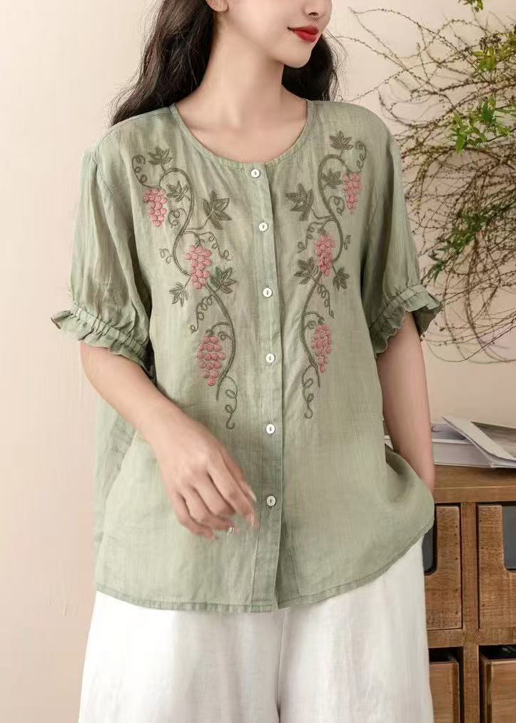 Vintage Blue Embroidered Linen Top Summer