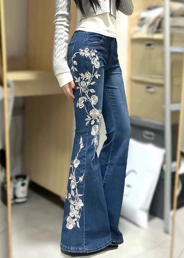 Vintage Blue Embroidered Pockets Denim Flared Trousers Spring