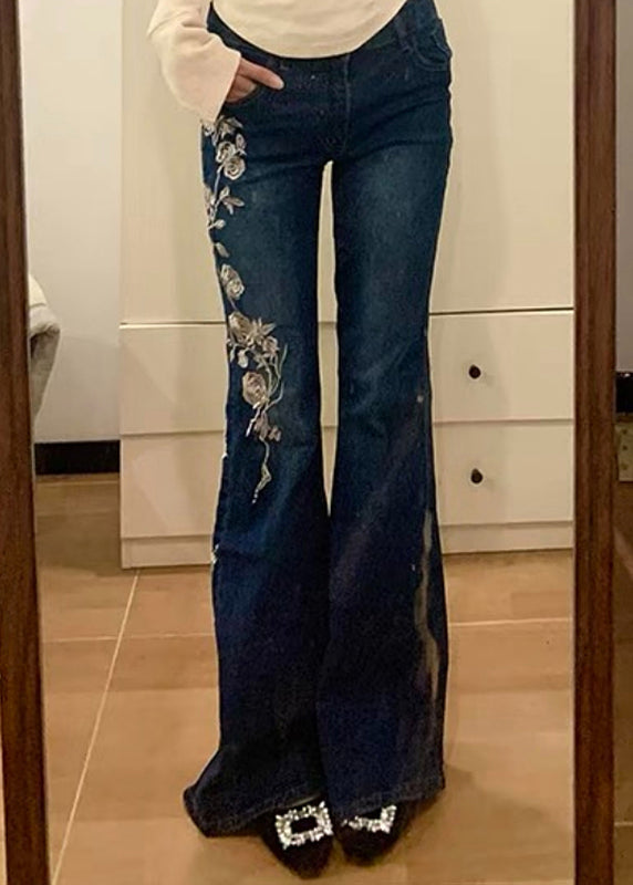 Vintage Blue Embroidered Pockets Denim Flared Trousers Spring
