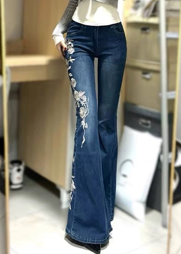 Vintage Blue Embroidered Pockets Denim Flared Trousers Spring