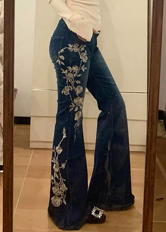 Vintage Blue Embroidered Pockets Denim Flared Trousers Spring