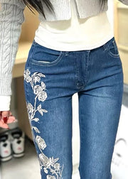 Vintage Blue Embroidered Pockets Denim Flared Trousers Spring