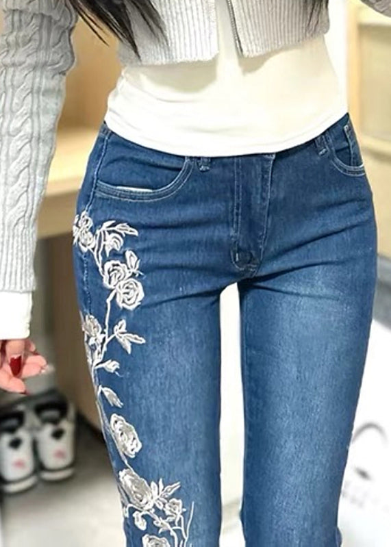 Vintage Blue Embroidered Pockets Denim Flared Trousers Spring