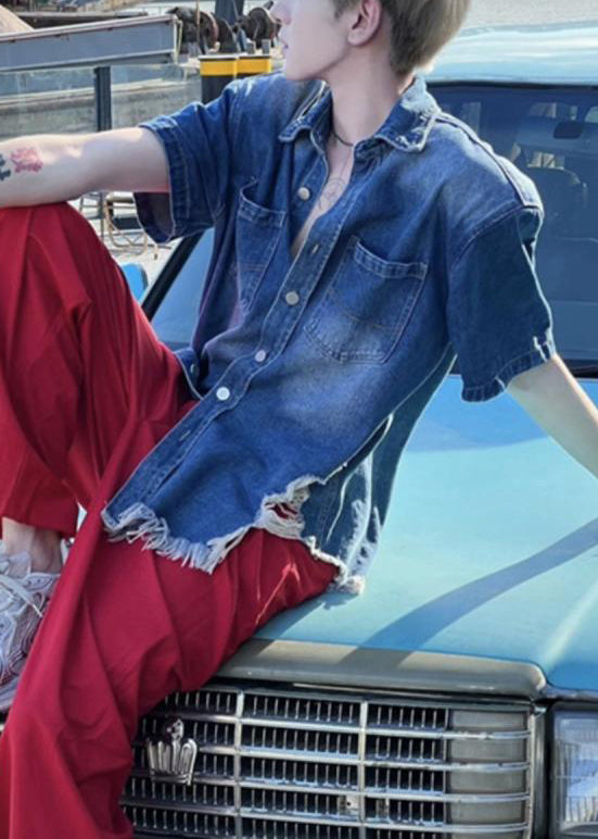 Vintage Blue Hole Button Denim Men&