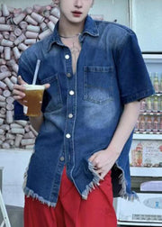 Vintage Blue Hole Button Denim Men's Shirts Summer