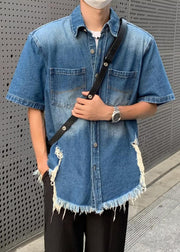 Vintage Blue Hole Button Denim Men's Shirts Summer