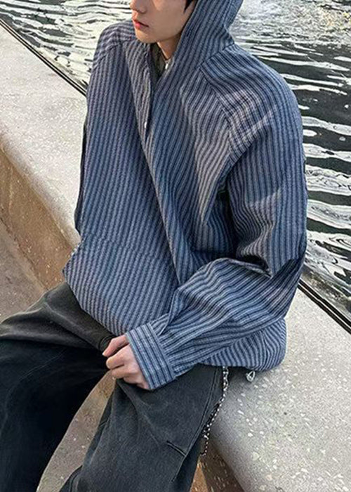 Vintage Blue Hooded Striped Button Cotton Men&