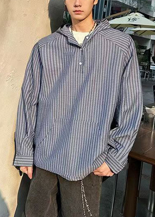 Vintage Blue Hooded Striped Button Cotton Men&