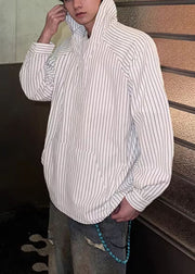 Vintage Blue Hooded Striped Button Cotton Men's Shirts Spring