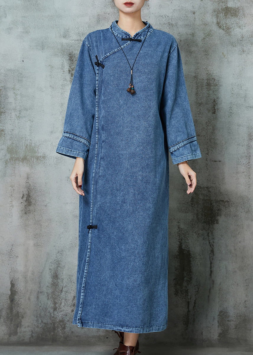 Vintage Blue Mandarin Collar Button print Dresses caftan Long Sleeve main image 1