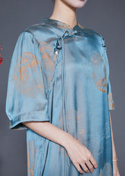 Vintage Blue Mandarin Collar Print Silk Long Dresses Summer