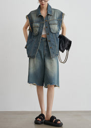 Vintage Blue Nail Bead Button Denim Two-Piece Set Summer
