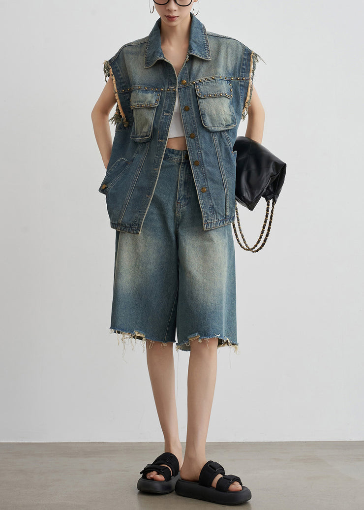 Vintage Blue Nail Bead Button Denim Two-Piece Set Summer