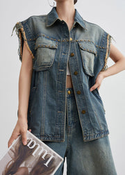 Vintage Blue Nail Bead Button Denim Two-Piece Set Summer