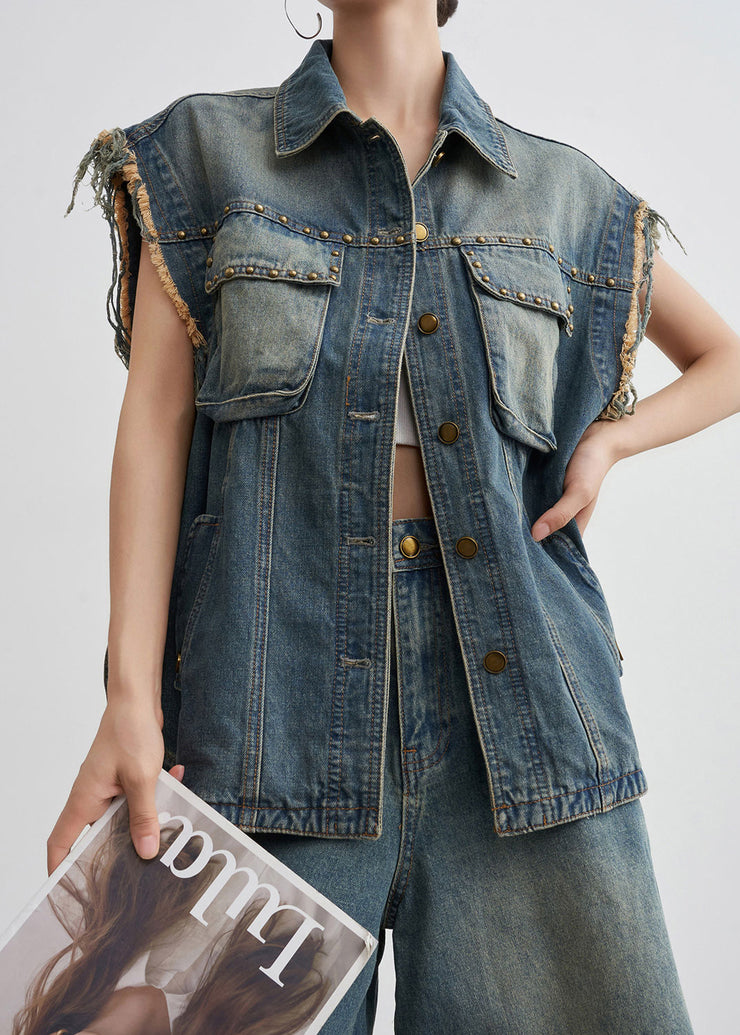 Vintage Blue Nail Bead Button Denim Two-Piece Set Summer