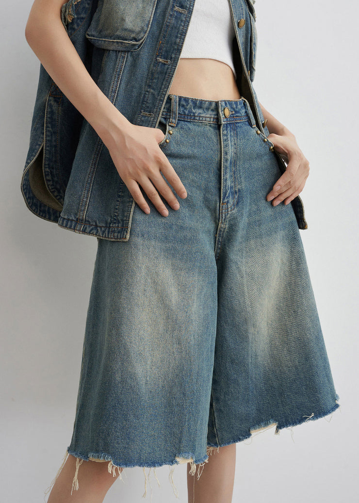 Vintage Blue Nail Bead Button Denim Two-Piece Set Summer