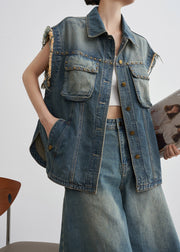 Vintage Blue Nail Bead Button Denim Two-Piece Set Summer