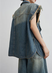 Vintage Blue Nail Bead Button Denim Two-Piece Set Summer