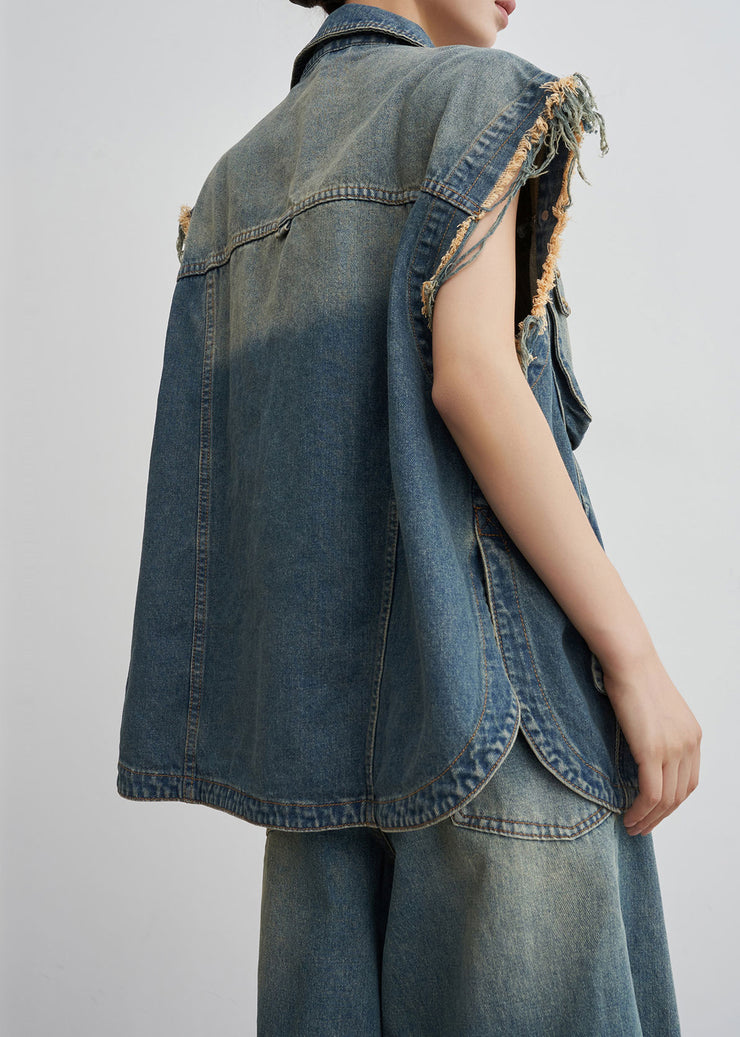 Vintage Blue Nail Bead Button Denim Two-Piece Set Summer