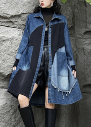 Vintage Blue Peter Pan Collar Button Pockets Denim Long Trench Coats Fall
