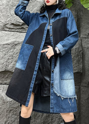 Vintage Blue Peter Pan Collar Button Pockets Denim Long Trench Coats Fall