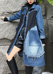 Vintage Blue Peter Pan Collar Button Pockets Denim Long Trench Coats Fall