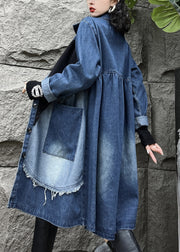 Vintage Blue Peter Pan Collar Button Pockets Denim Long Trench Coats Fall