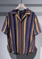 Vintage Blue Peter Pan Collar Striped Cotton Shirt Men Summer