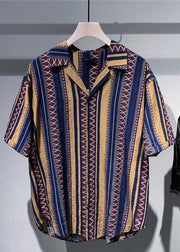 Vintage Blue Peter Pan Collar Striped Cotton Shirt Men Summer