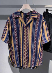 Vintage Blue Peter Pan Collar Striped Cotton Shirt Men Summer