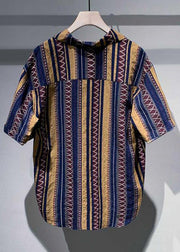 Vintage Blue Peter Pan Collar Striped Cotton Shirt Men Summer