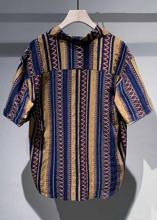 Vintage Blue Peter Pan Collar Striped Cotton Shirt Men Summer