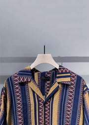 Vintage Blue Peter Pan Collar Striped Cotton Shirt Men Summer