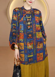 Vintage Blue Print Chinese Button Silk Shirt Top Fall